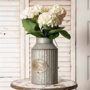 Rustic Gray Metal Vase with Cream Flowers